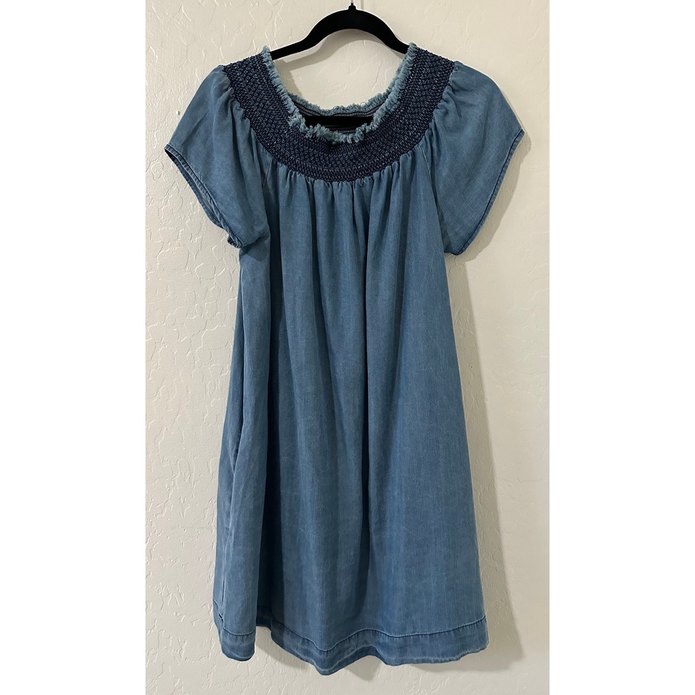 Velvet Heart Womens Blue Tencel Smocked Neck Shift Dress Pockets Size M Western